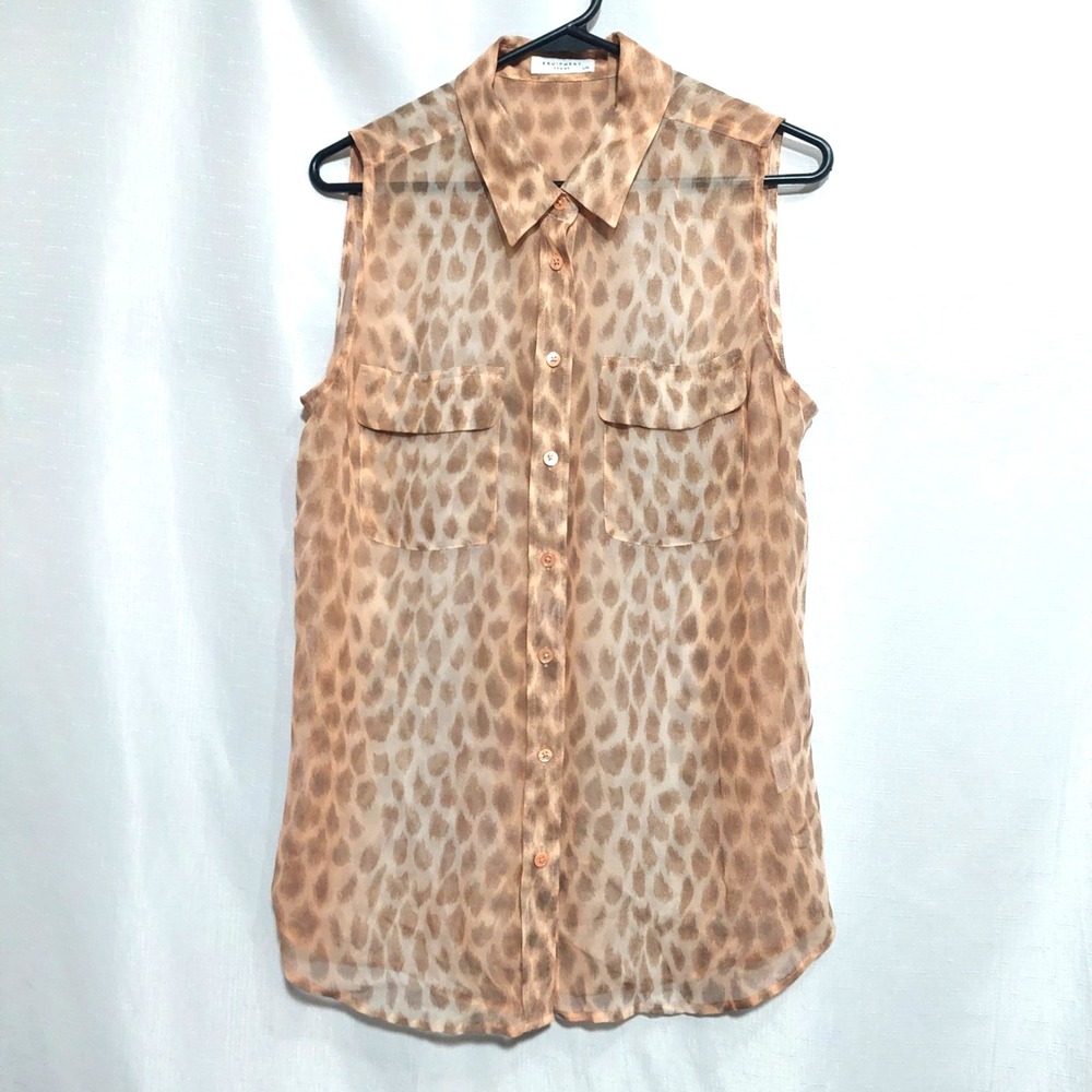 Equipment Femme Womens L Sheer Button Up Blouse Sleeveless Collar Leopard Print